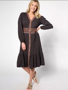 Denim & Co. Canyon Retreat Embroidered Midi
Dress 100% Cotton Knit Boho Size XL